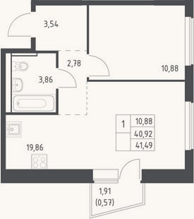 Планировка: 2-к, 40,9 м²