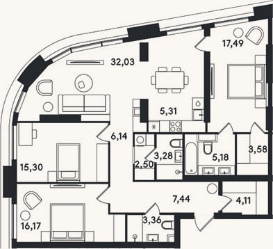 Планировка: 4+ к, 121,9 м²