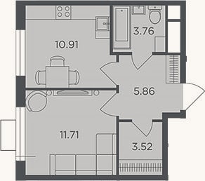 Планировка: 1-к, 35,8 м²