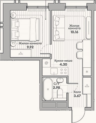 Планировка: 2-к, 31 м²