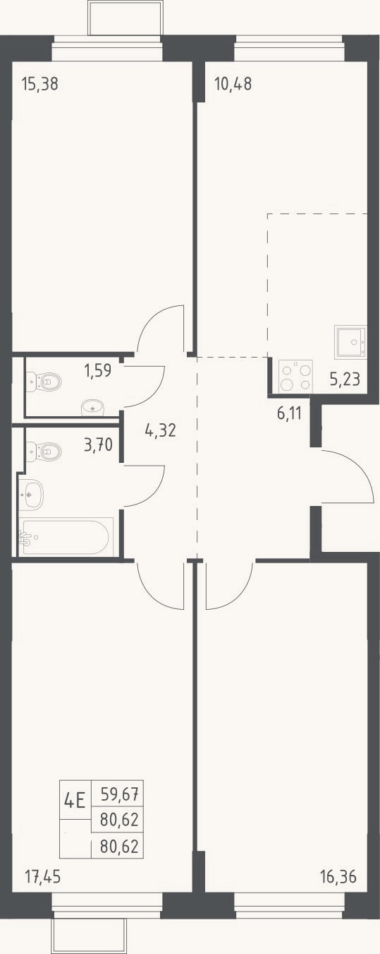 Планировка: 4+ к, 80,6 м²