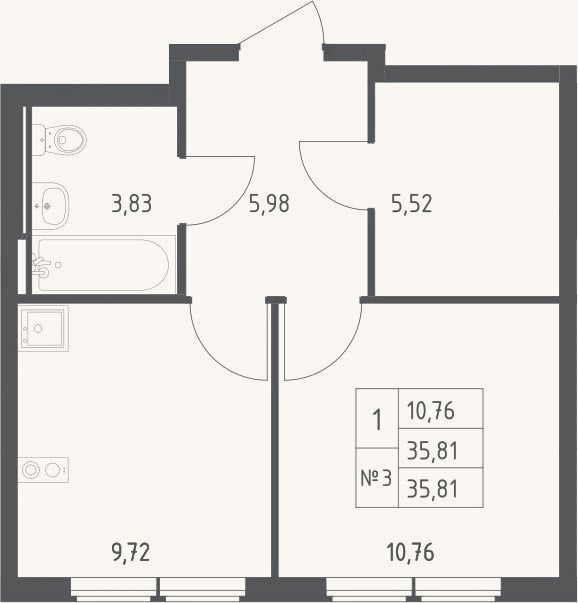 Планировка: 1-к, 35,8 м²