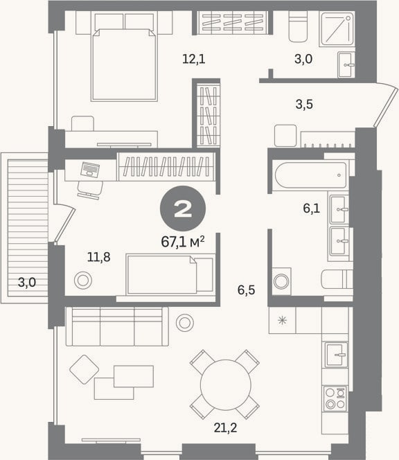 Планировка: 2-к, 64,1 м²