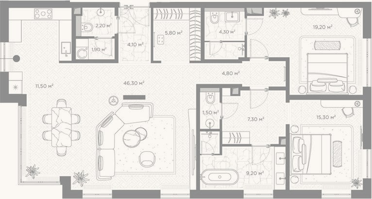 Планировка: 2-к, 133,4 м²