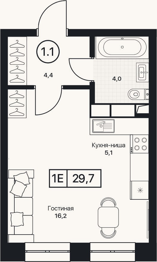 Планировка: Студия, 29,7 м²
