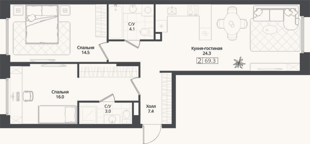 Планировка: 2-к, 69,3 м²