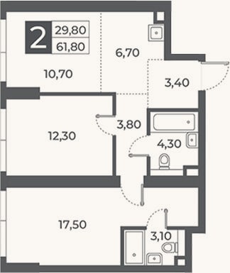 Планировка: 2-к, 61,8 м²