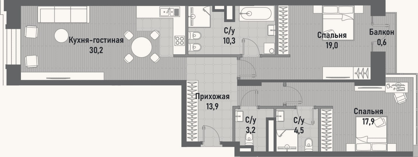 Планировка: 3-к, 98,9 м²
