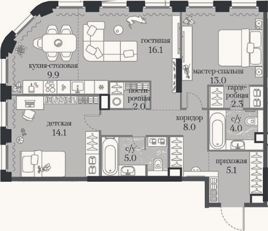 Планировка: 2-к, 79,5 м²