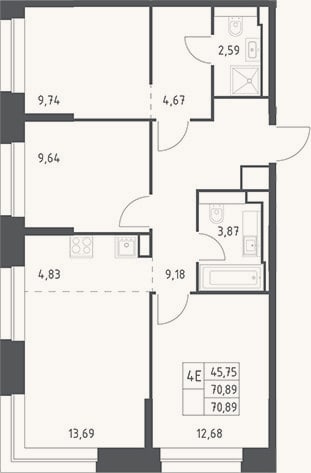 Планировка: 4+ к, 70,9 м²