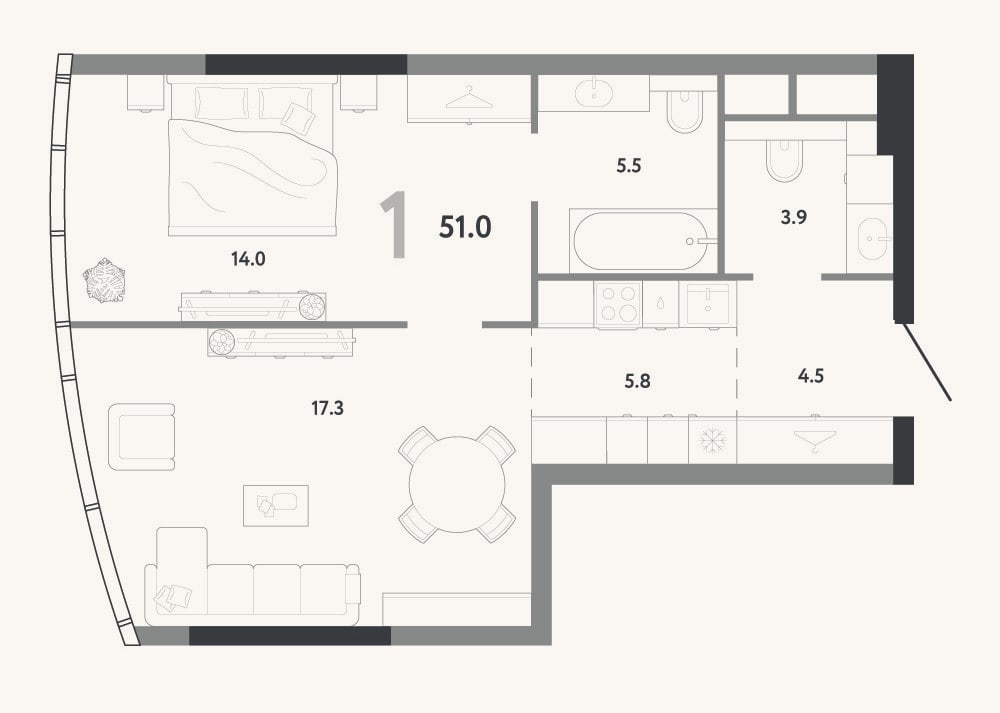 Планировка: 2-к, 51 м²