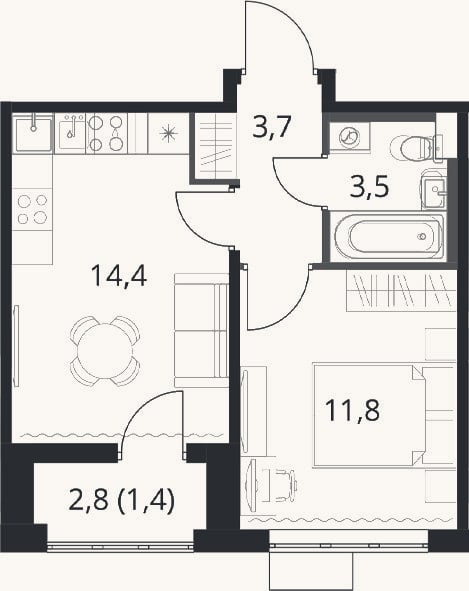 Планировка: 1-к, 33,4 м²