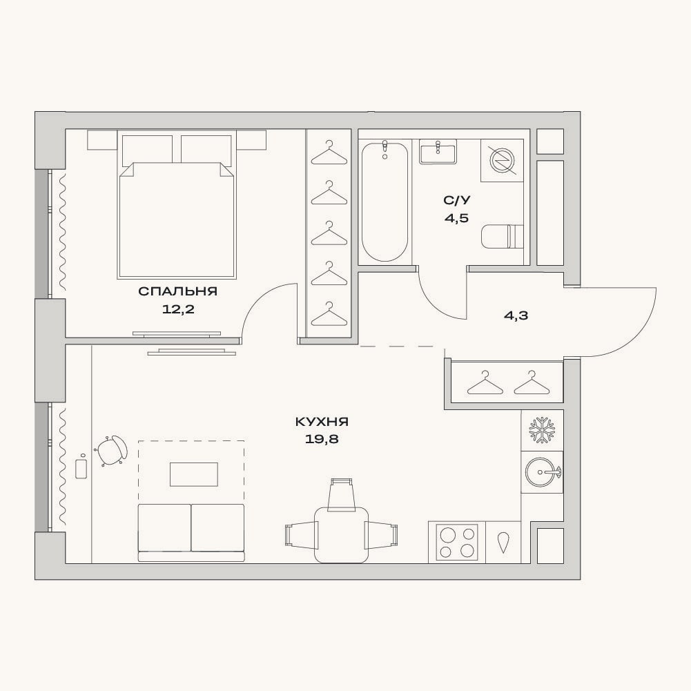 Планировка: 2-к, 40,8 м²