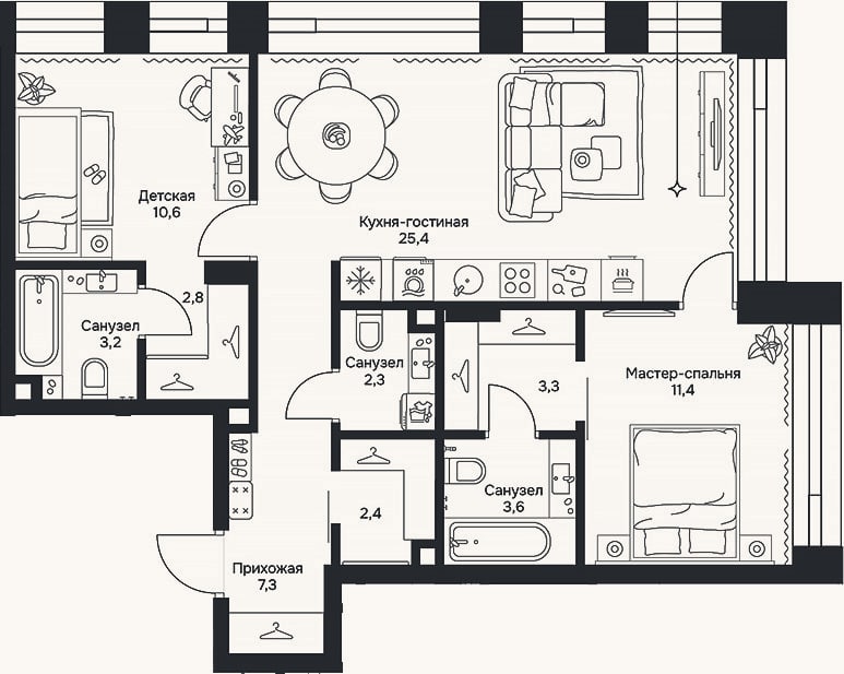 Планировка: 3-к, 72,3 м²