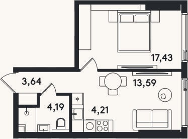 Планировка: 2-к, 43,1 м²