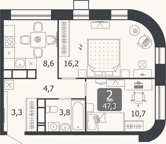 Планировка: 2-к, 47,3 м²