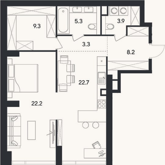 Планировка: 2-к, 74,9 м²