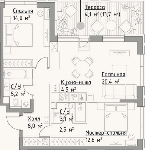 Планировка: 3-к, 70,3 м²