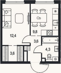 Планировка: 1-к, 33,7 м²