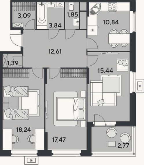 Планировка: 3-к, 84,8 м²