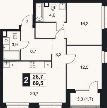 Планировка: 2-к, 67,8 м²
