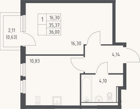 Планировка: 1-к, 35,4 м²