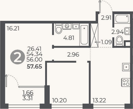 Планировка: 2-к, 54,3 м²