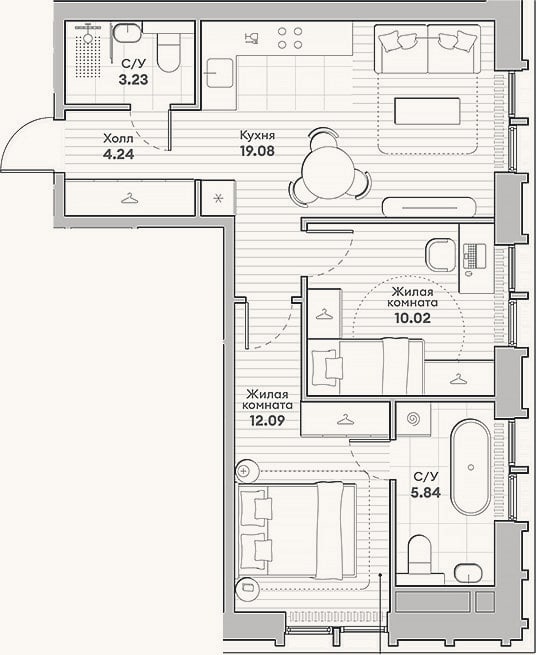 Планировка: 2-к, 54,5 м²