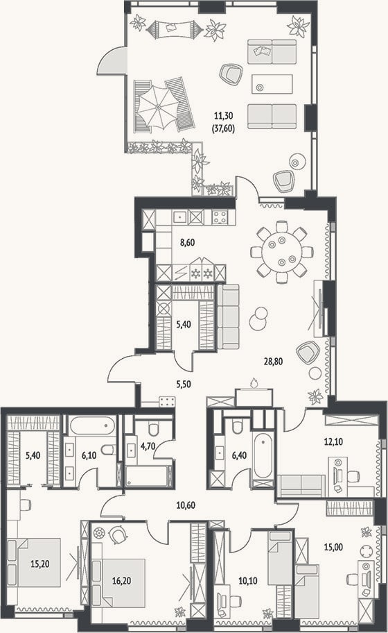 Планировка: 4+ к, 142,5 м²