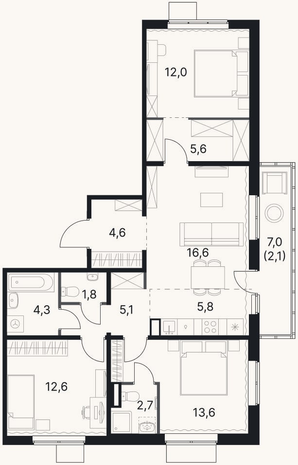 Планировка: 4+ к, 84,7 м²