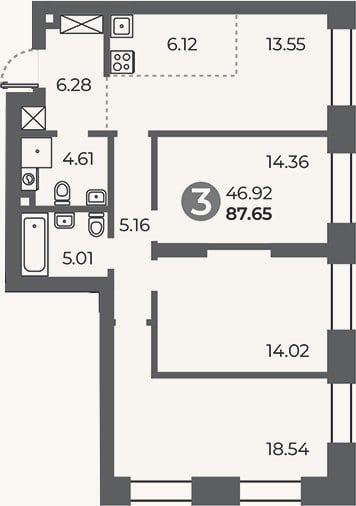 Планировка: 3-к, 87,7 м²