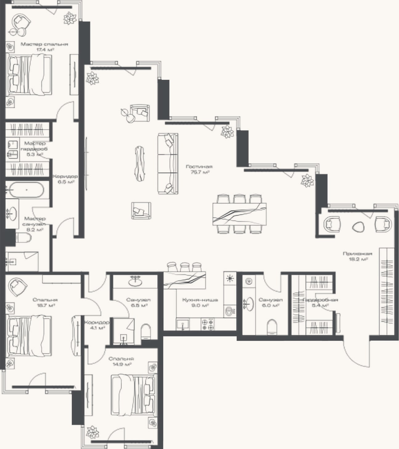 Планировка: 4+ к, 195,9 м²