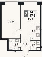 Планировка: 2-к, 47,3 м²