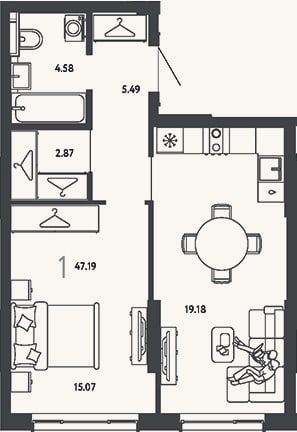 Планировка: 1-к, 47,2 м²