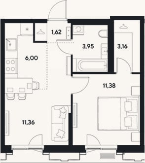 Планировка: 2-к, 37,5 м²