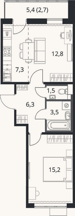 Планировка: 2-к, 46,6 м²