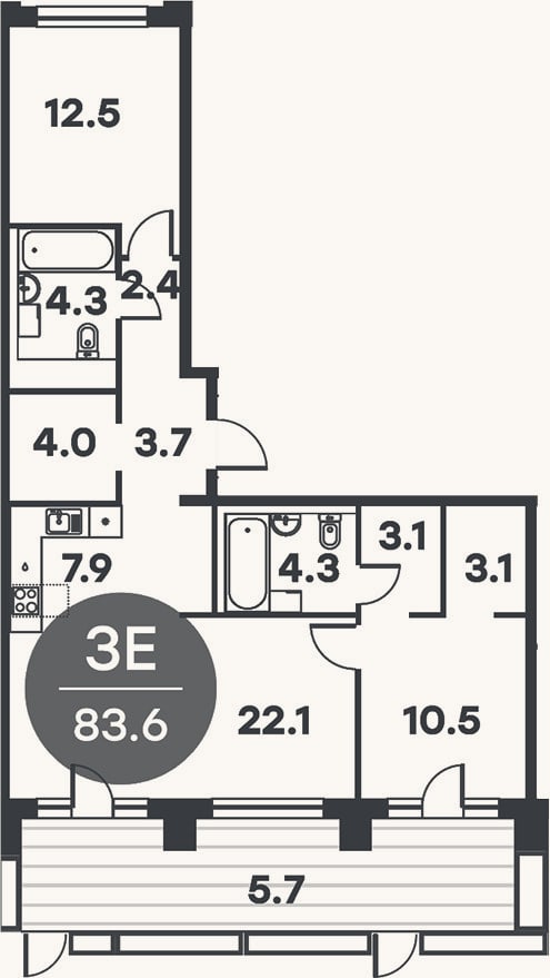 Планировка: 3-к, 83,6 м²