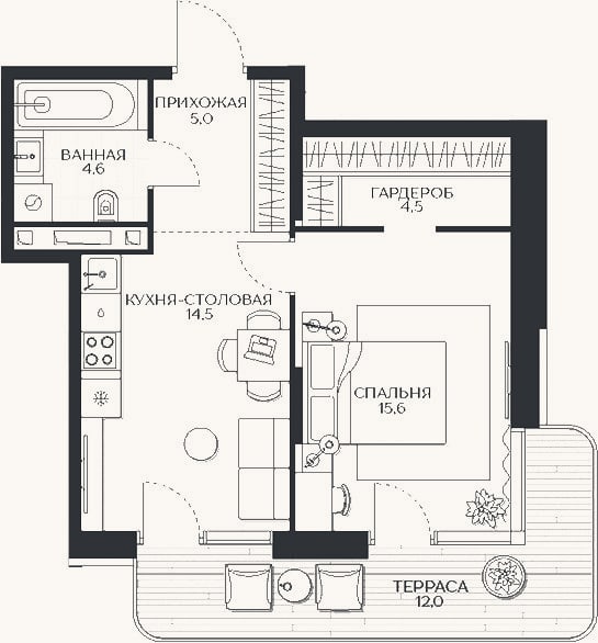 Планировка: 1-к, 52,5 м²