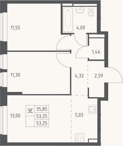 Планировка: 3-к, 53,3 м²