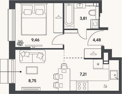 Планировка: 2-к, 33,7 м²