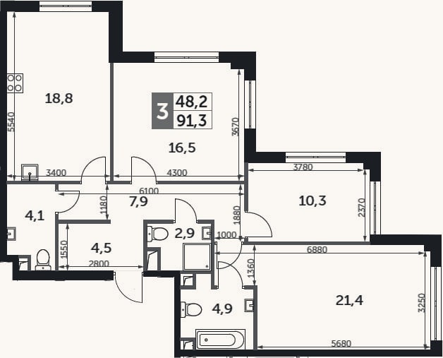 Планировка: 3-к, 91,3 м²