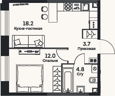 Планировка: 2-к, 38,7 м²