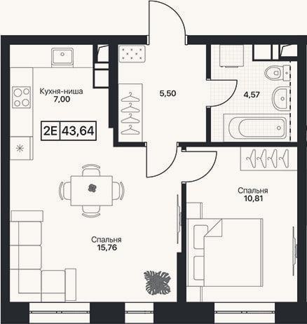 Планировка: 2-к, 43,6 м²