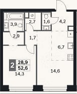 Планировка: 2-к, 52,6 м²