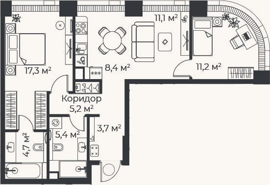 Планировка: 3-к, 67,2 м²