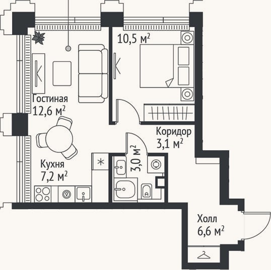 Планировка: 2-к, 43 м²