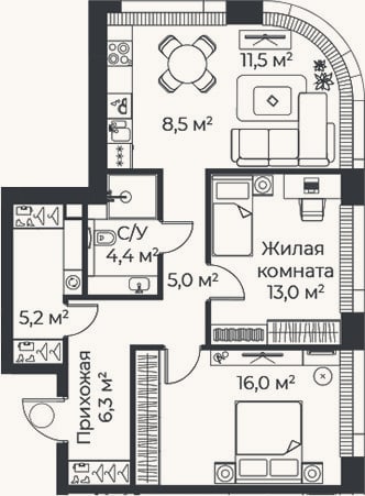 Планировка: 3-к, 69,9 м²