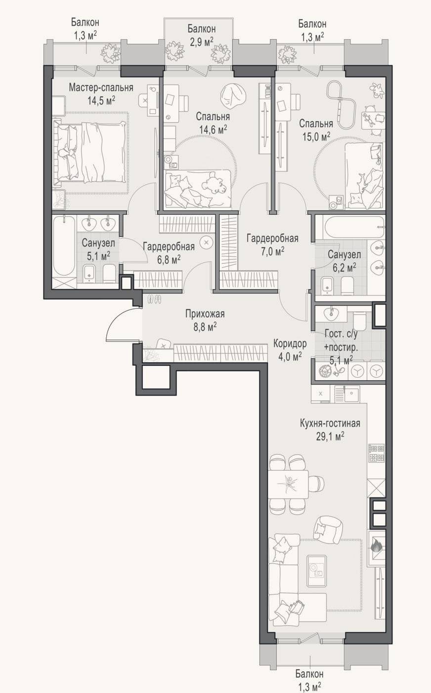 Планировка: 4+ к, 118,6 м²