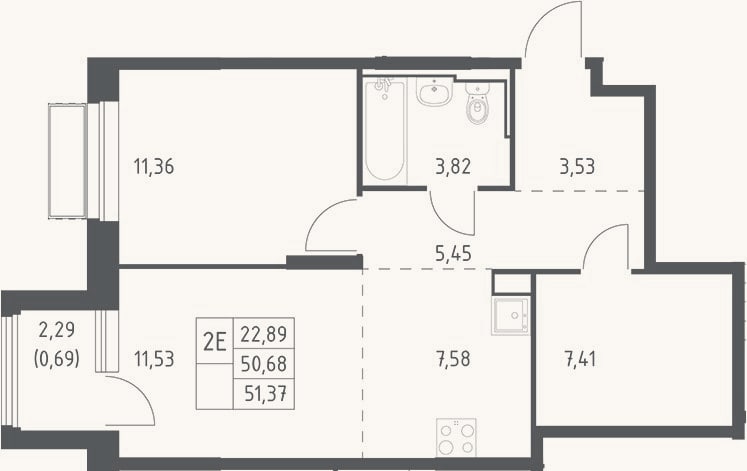 Планировка: 2-к, 50,7 м²