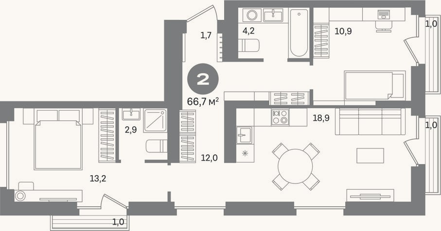 Планировка: 2-к, 63,7 м²